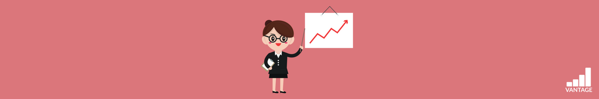 cartoon business woman with chart showing success