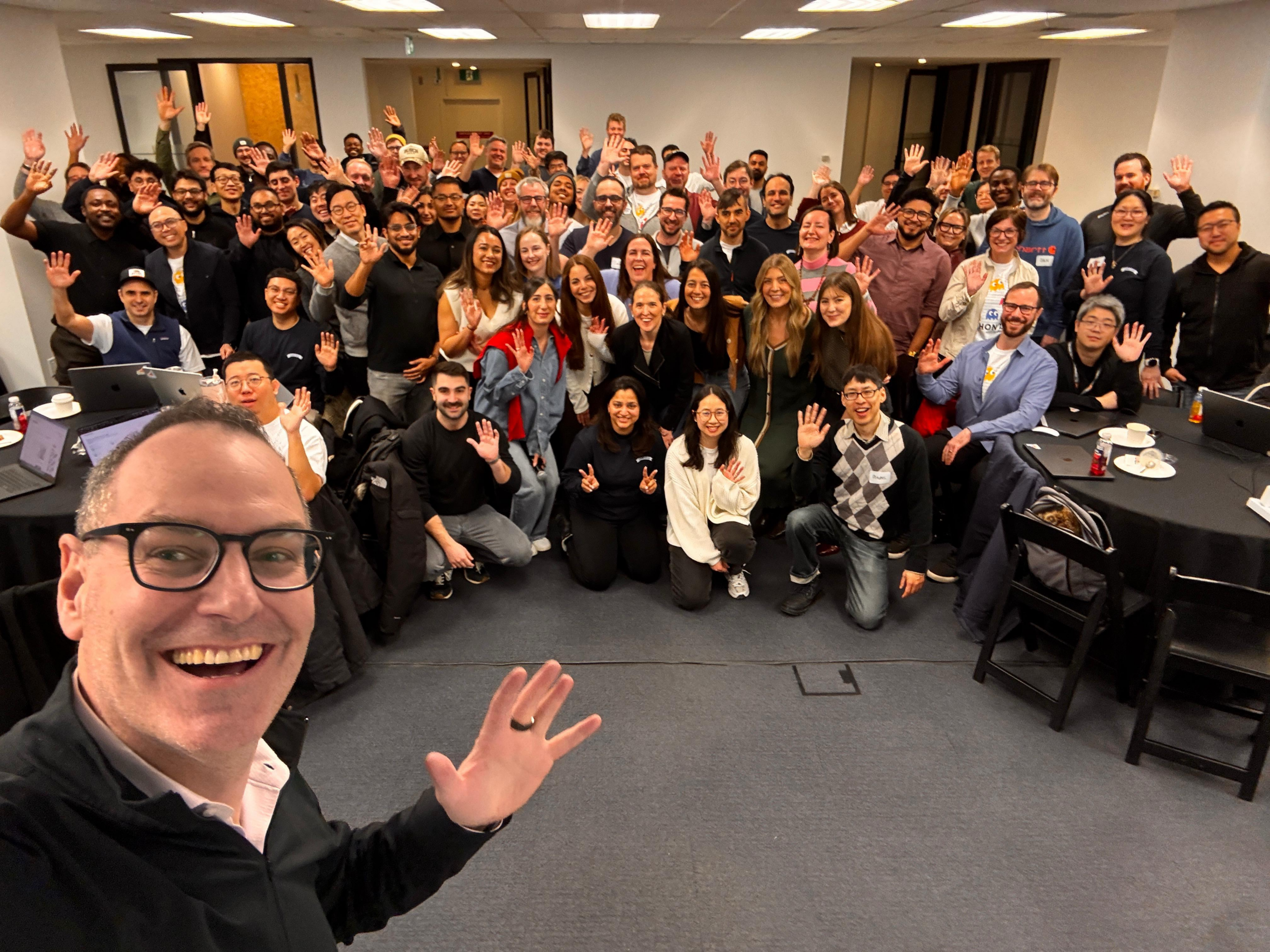 Vantage team gathered at company hackathon, collaborating on retail media innovation projects