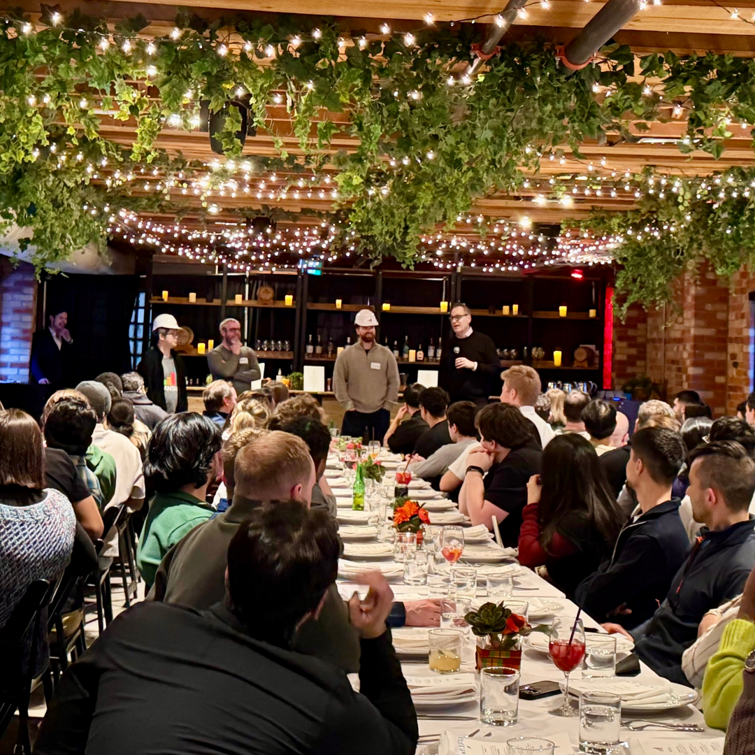 Vantage team gathered for company dinner and recognition of Hard Hat Award winners during hackathon retreat